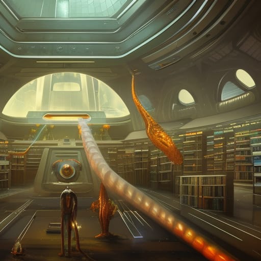futuristic library, alien librarian